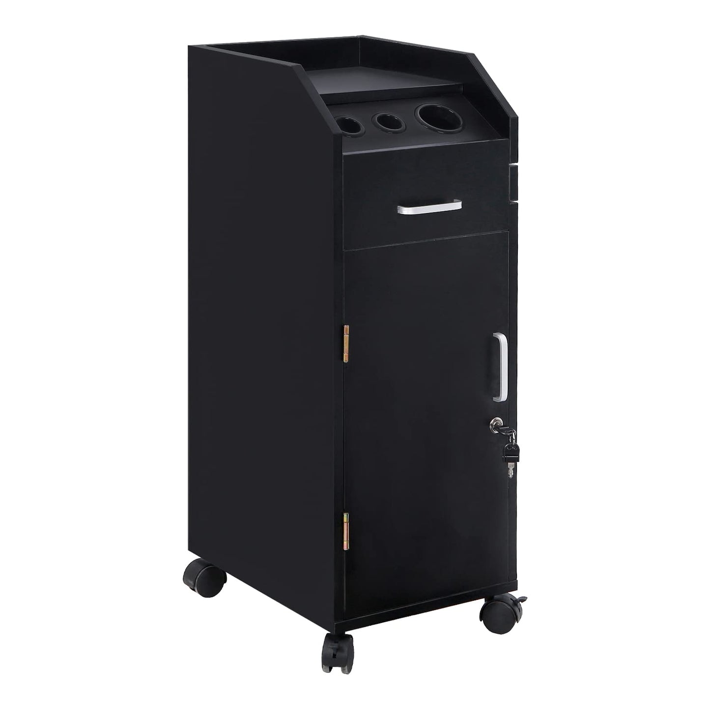 Salon Cart for Hair Stylists, Lockable Wood Trolley Cart on Wheels, 4-Drawer Storage Cabinet, Hair Dryer Holders, Rolling Salon Station for Beauty Spa Barber Tattoo,Beauty Salon Trolley Storage Cart