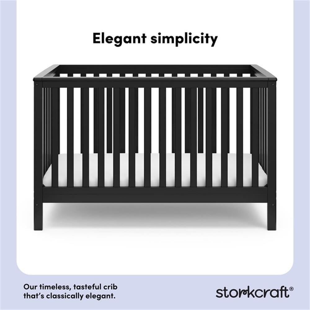 Pemberly Row 4-in-1 Convertible Pine Wood Crib, Black Finish, Adjustable 4-Position Base, Modern Nursery Bed Converts to Toddler, Daybed, Full-Size Bed, JPMA Certified Safe