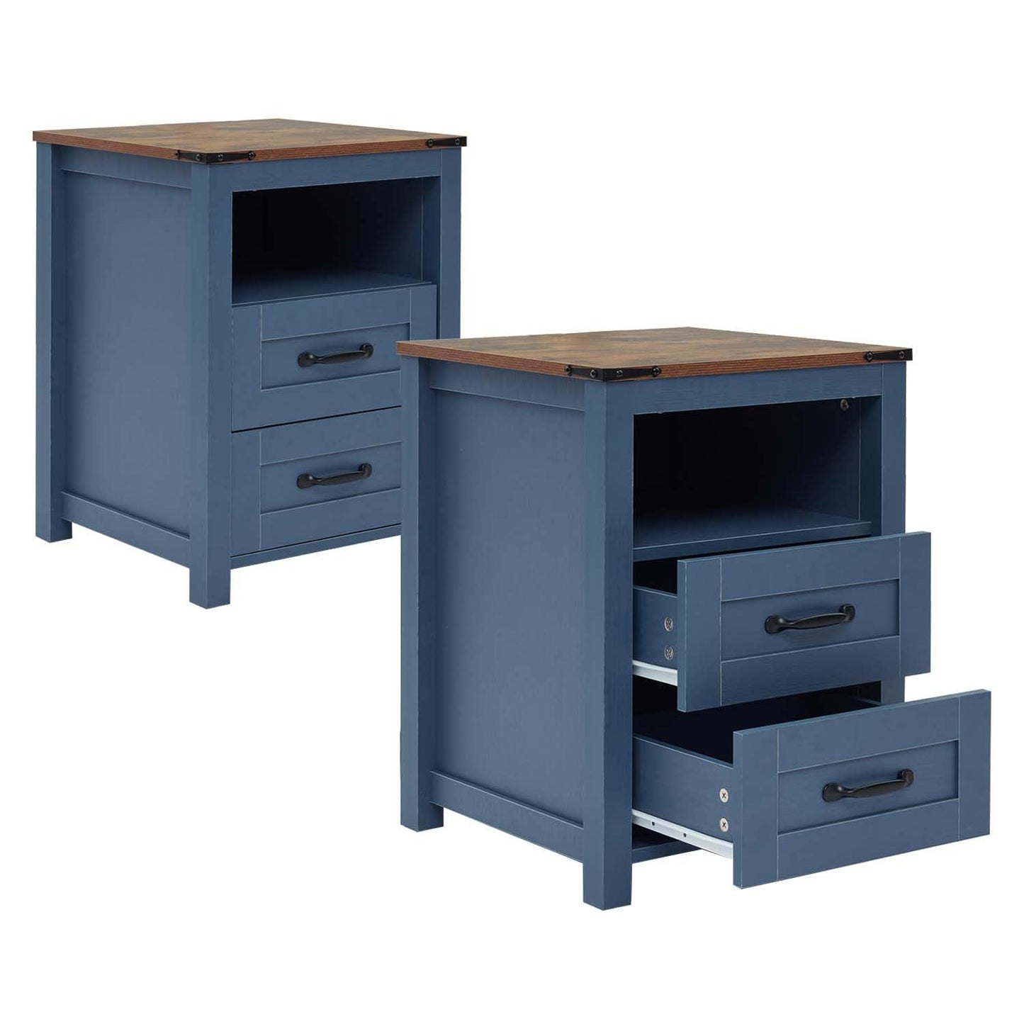 Stabrech Farmhouse Night Stand Set of 2, Rustic Blue Nightstand for Bedroom, End Tables Without Charging Station, Bedside Table with Drawers, Wood Bedside Cabinet Dresser