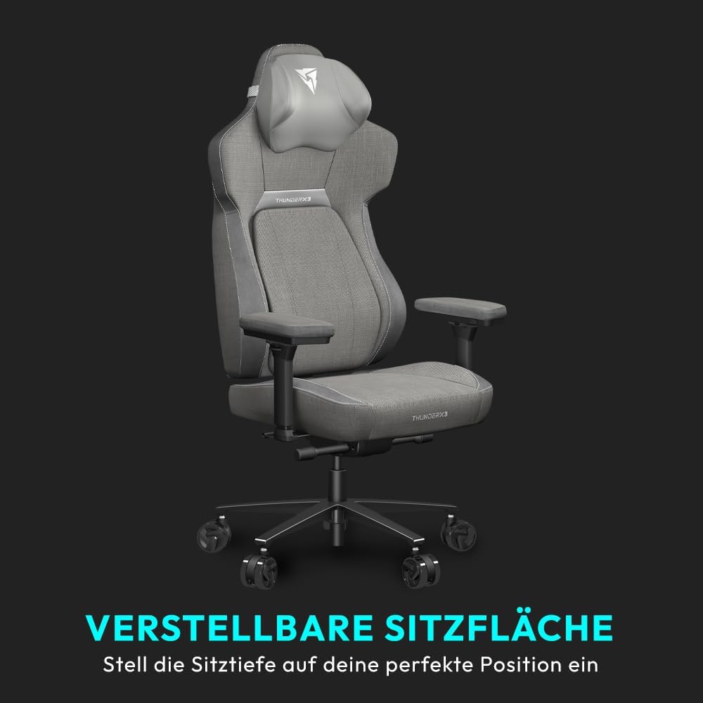 THUNDERX3 CORE Gaming Chair, for Adults Ergonomic Office Chair, High Back Desk Chair, Synchronous Tilt, Forward Tilt, 360° Self-adjusting Lumbar Support, Multipurpose Footrest, Fabric, Loft Light Grey