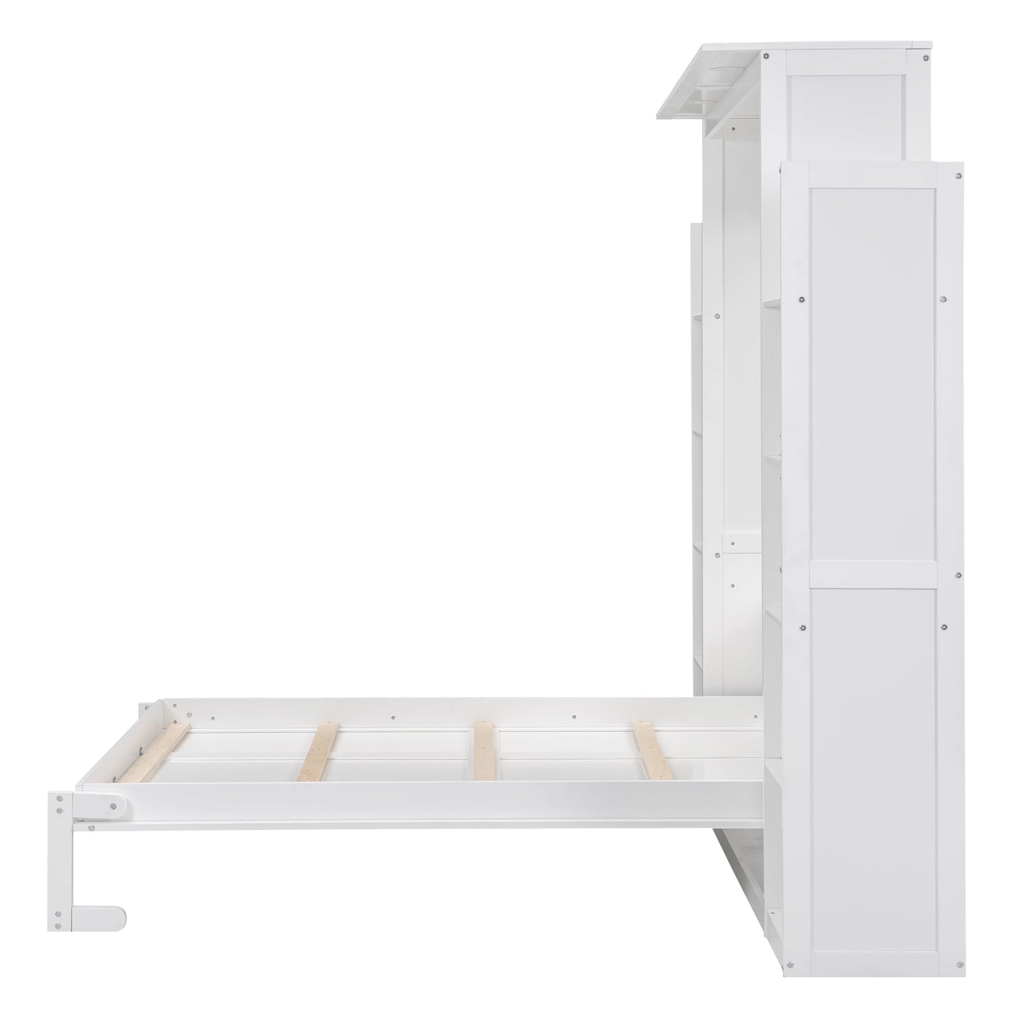 MERITLINE Queen Murphy Bed with Storage Shelves and LED Lights, Wood White Murphy Wall Bed Cabinet with Bookcase Bookshelf for Adults