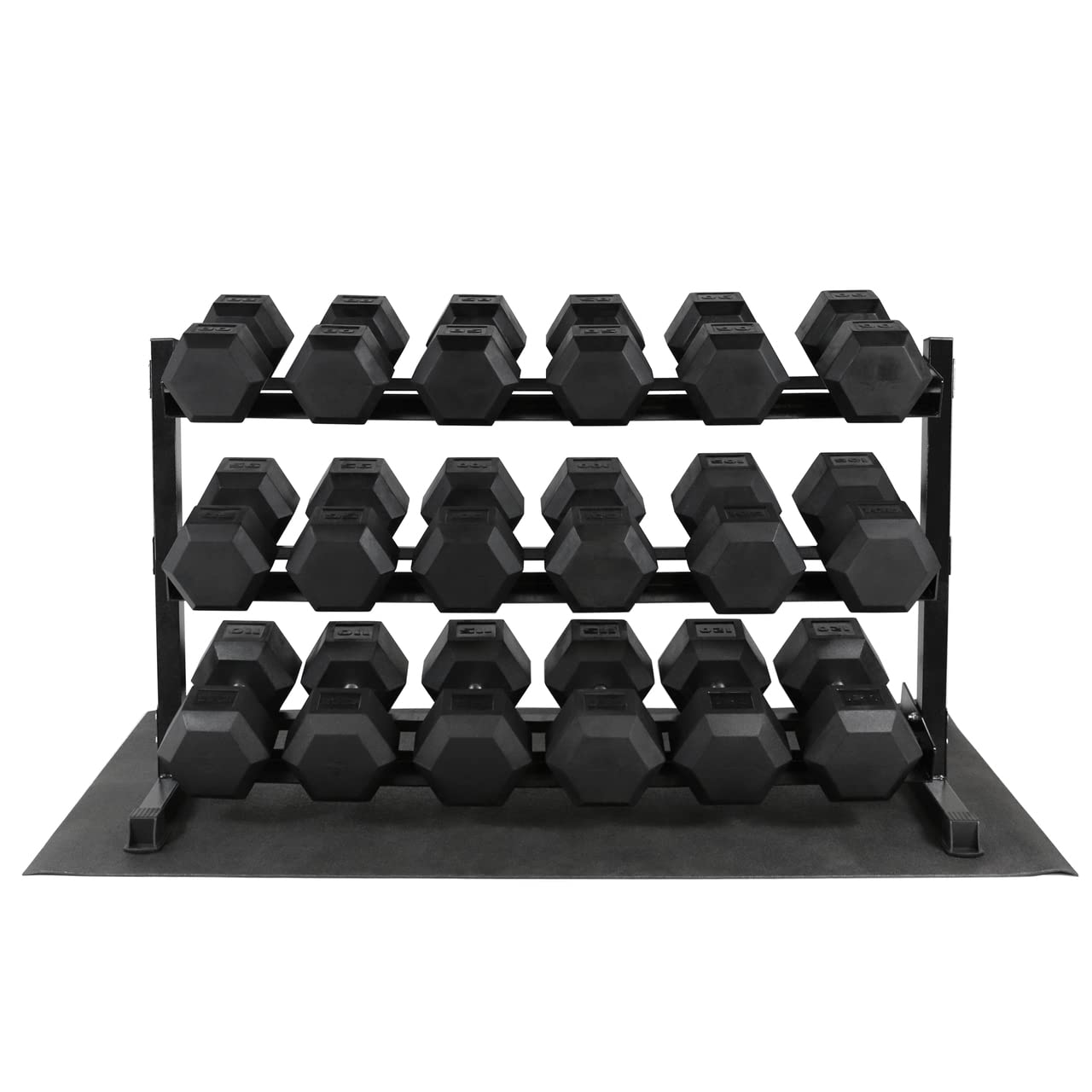 WF Athletic Supply Rubber Coated Hex Dumbbell Set, Multiple Choices Available - Dumbbells with Rack Stand and Mat, or Dumbbells Only (200/550/1200/2100/3000 LB)