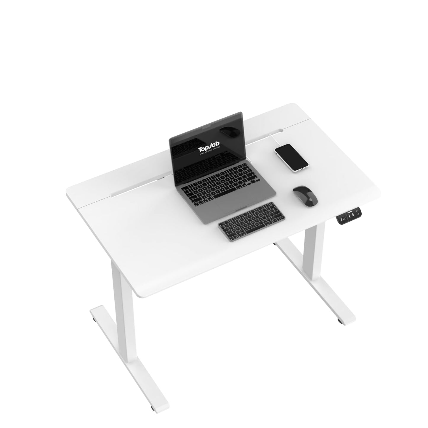 TopJob AnyDesk Hub Electric Standing Desk, Height Adjustable Small Desk with Built-in Drawer & Wide Desktop Wire Slot & Cable Management, Curved Waterfall Edge, 2 Memory Settings (Cream)