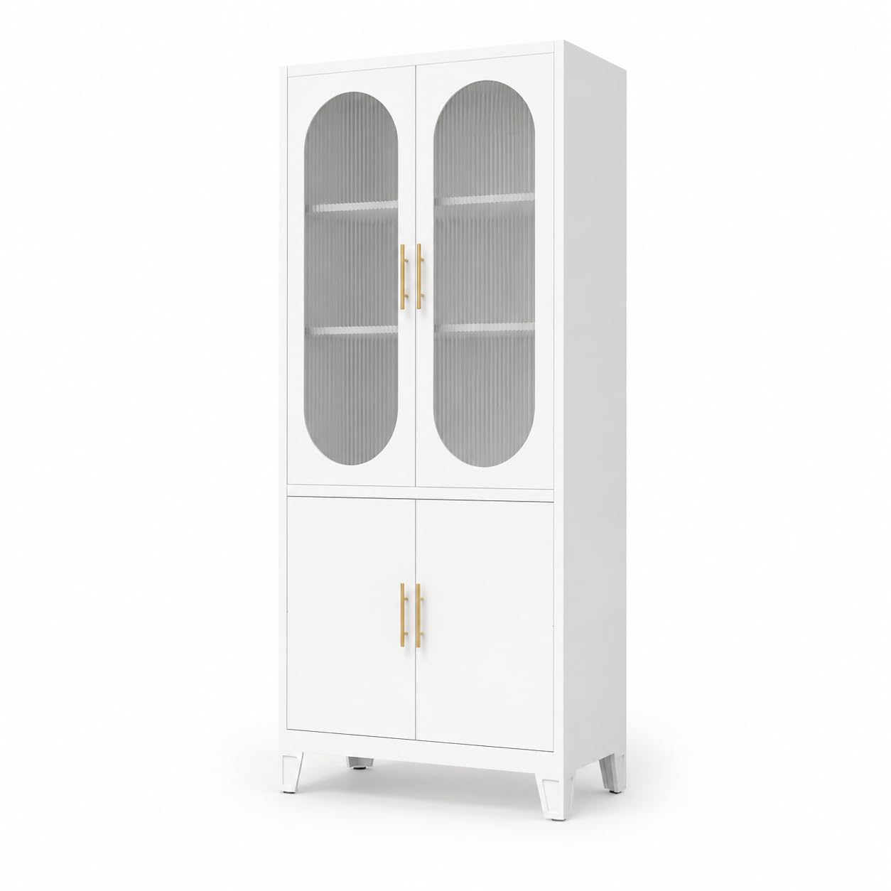 Arched Storage Cabinet with Glass Doors, 71" Tall Metal Pantry Cabinet, White Freestanding Storage with Upper Fluted Glass and Lower Metal Doors, Adjustable Shelves for Dining Room, Living Room