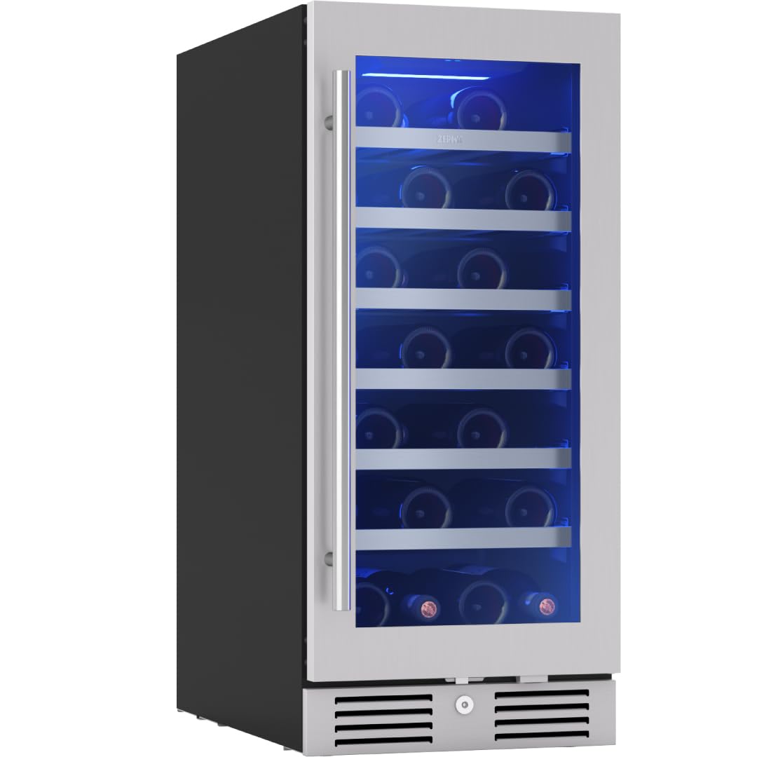 Zephyr Presrv 15 Inch Wine Fridge Single Zone Under Counter - Slim Narrow Wine Cooler Cellars Small Cabinet Wine Refrigerator Home Bar Chiller Freestanding with Glass Door - 27 x 750ml Bottles