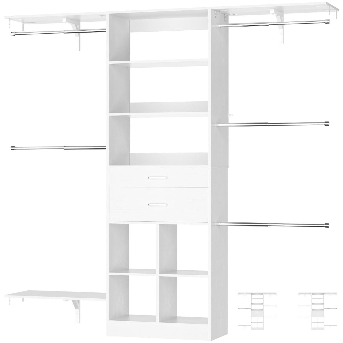 5FT Closet Organizer System with Wooden Drawers, 60 Inches Walk In Closet System With 5 Hanging Rods, Can Fit 1.58 to 6.8 FT with Reversible Hanging Shelving, White