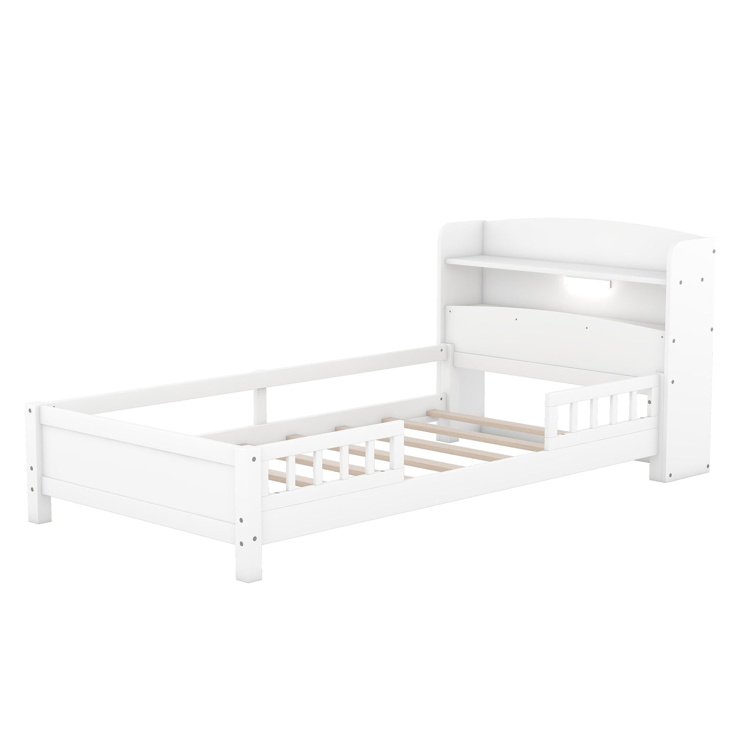 Merax Twin Bed Frame, Solid Wood Twin Size Platform Bed with Storage Headboard, Built-in Light and Safety Guardrail, Montessori Inspired Bed, No Box Spring Needed, White