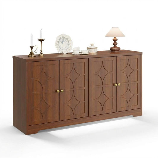 55" Buffet Cabinet with Storage, Sideboard Cabinet with 4 Doors, Wood Coffee Bar Cabinet with Adjustable Shelves, Farmhouse Sideboard Buffet, for Kitchen, Living Room, Entryway, Dining Room (Brown)