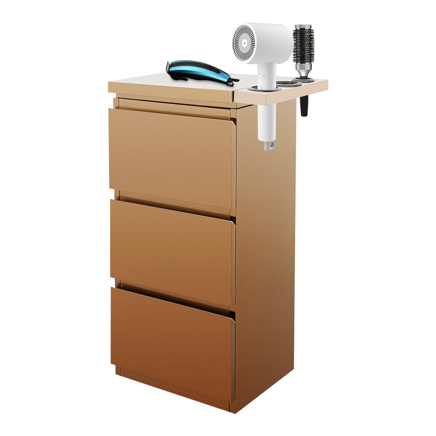 Salon Station for Hair Stylist, 3-Drawer Stainless Steel Salon Storage Cabinet Barber Organizer with 3 Hair Dryer Holders, Smooth & Silent Sliding (Rose Gold)