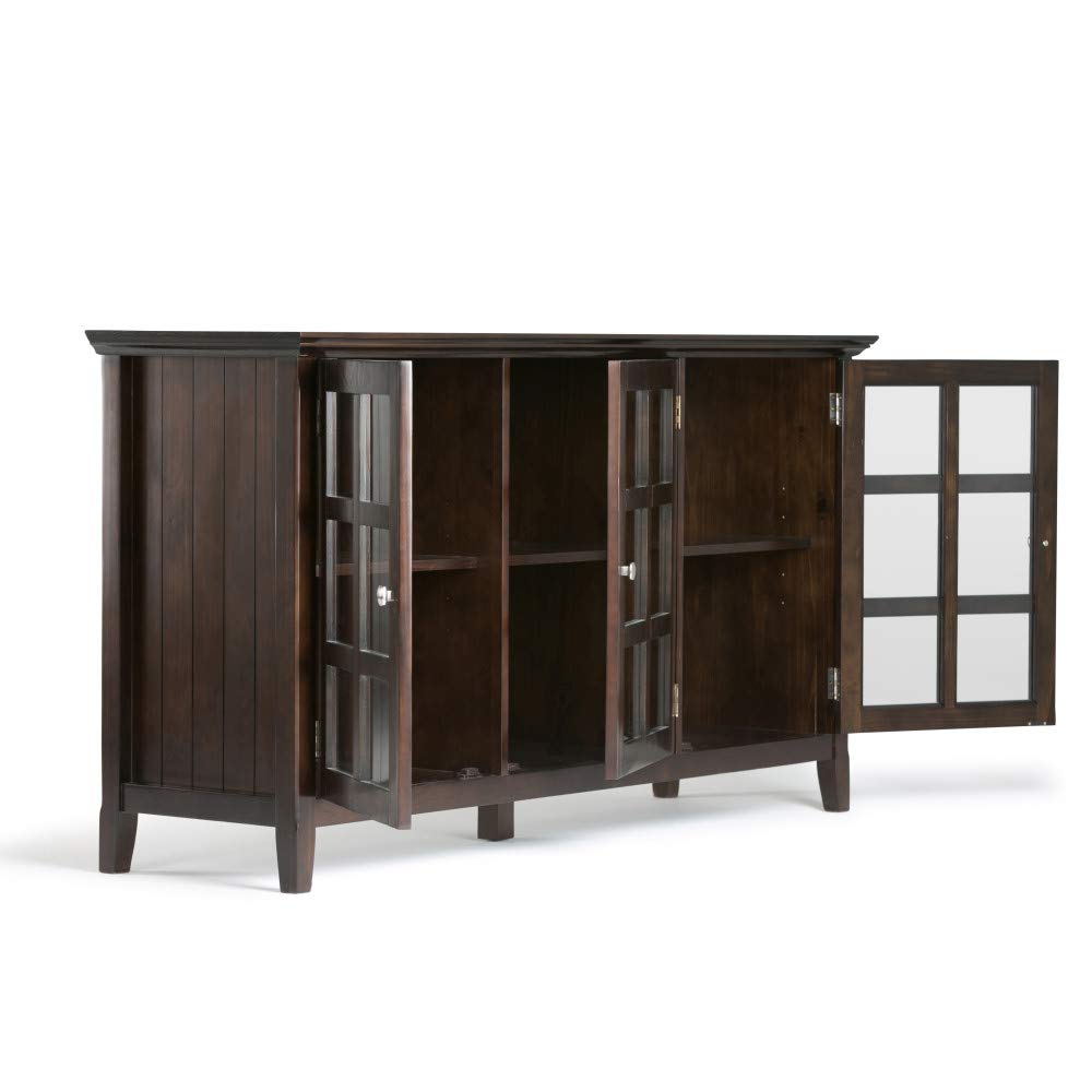SIMPLIHOME Acadian Storage Cabinet - 62 inch Wide Solid Wood 3-Shelf Sideboard in Brunette Brown, Transitional Buffet for Living Room, Entryway, or Dining Room with Adjustable Shelves and Glass Doors