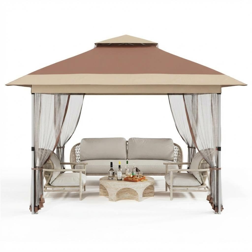 GarveeHome 10X10 Ft Instant Pop-Up Gazebo - Modern Waterproof Canopy Tent with Mosquito Netting & Sidewalls, All-Weather Outdoor Shelter for Patio, Garden, Backyard, Party - Includes Wheeled Carry Bag