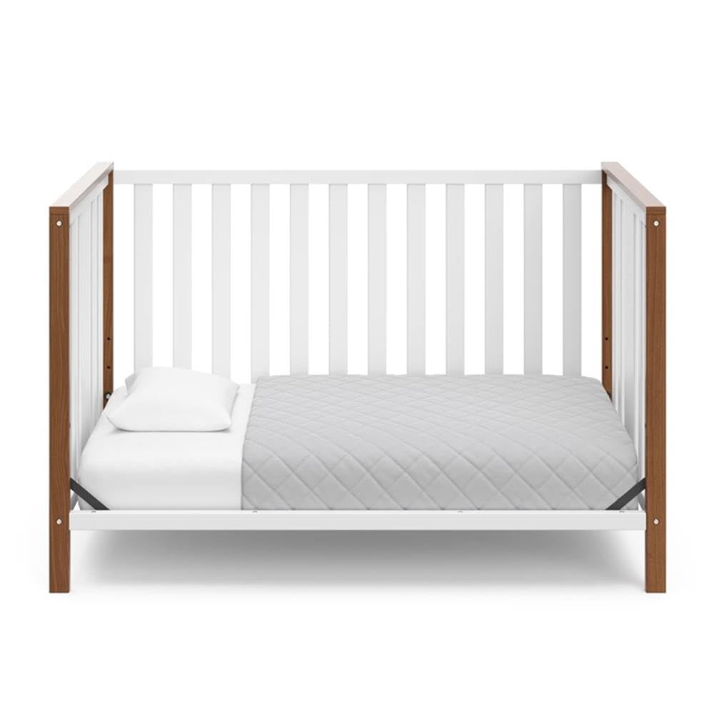 Pemberly Row Wood 4-in-1 Convertible Crib, 54.57 in Wide, Adjustable Mattress Base, White/Driftwood Two-Tone Finish, JPMA Certified Nursery Bed, Converts to Toddler Bed, Daybed, Full-Size Bed