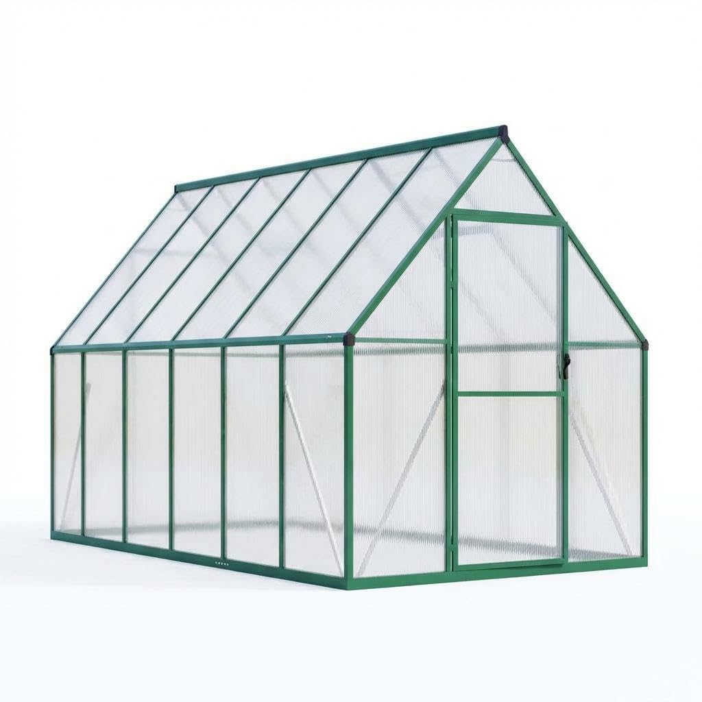 6x9 ft Polycarbonate Greenhouse with Aluminum Frame, Walk in Greenhouse with Adjustable Roof Vent, Heavy Duty Green House for Outside Garden Backyard, Easy Assembly, Green