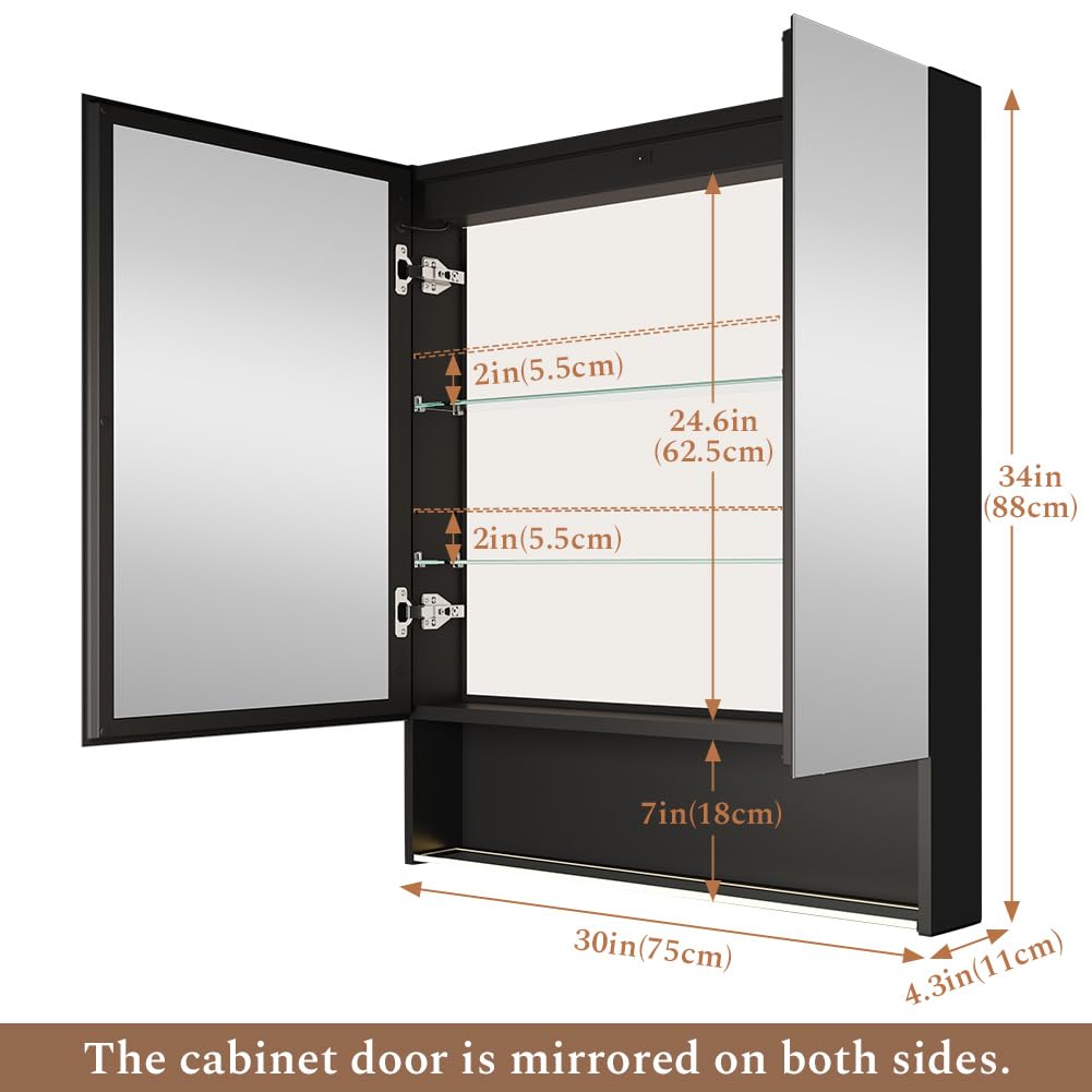 MIRROLIA 30"×34" LED Lighted Medicine Cabinet with Backlight, Adjustable Brightness 3 Color Temperature Lighting Anti-Fog Mirror 2 Socket & 2 USB Ports & Adjustable Shelf Wall Mounted