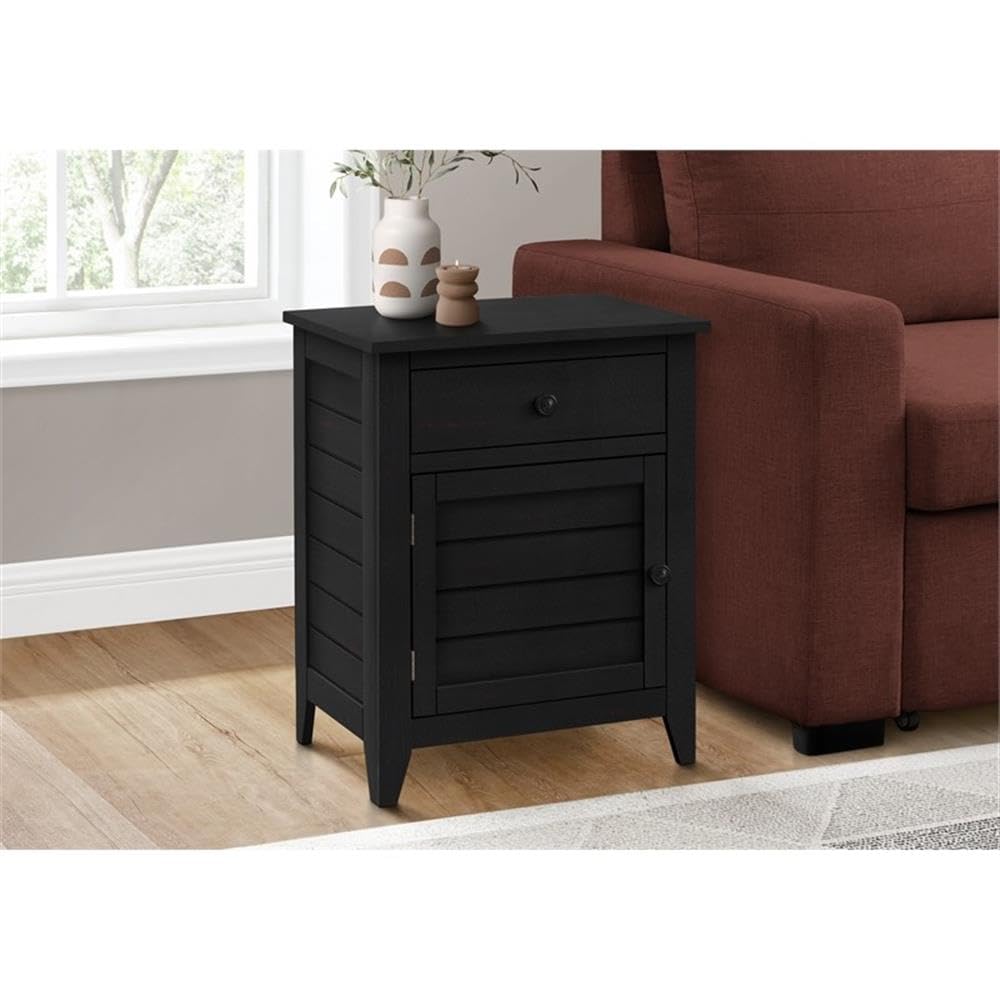 Pemberly Row 25" Coastal Accent Table with Cabinet, Black Veneer Finish, Clapboard Paneling, Storage Drawer and Cabinet, Compact End Table or Nightstand for Living Room or Bedroom