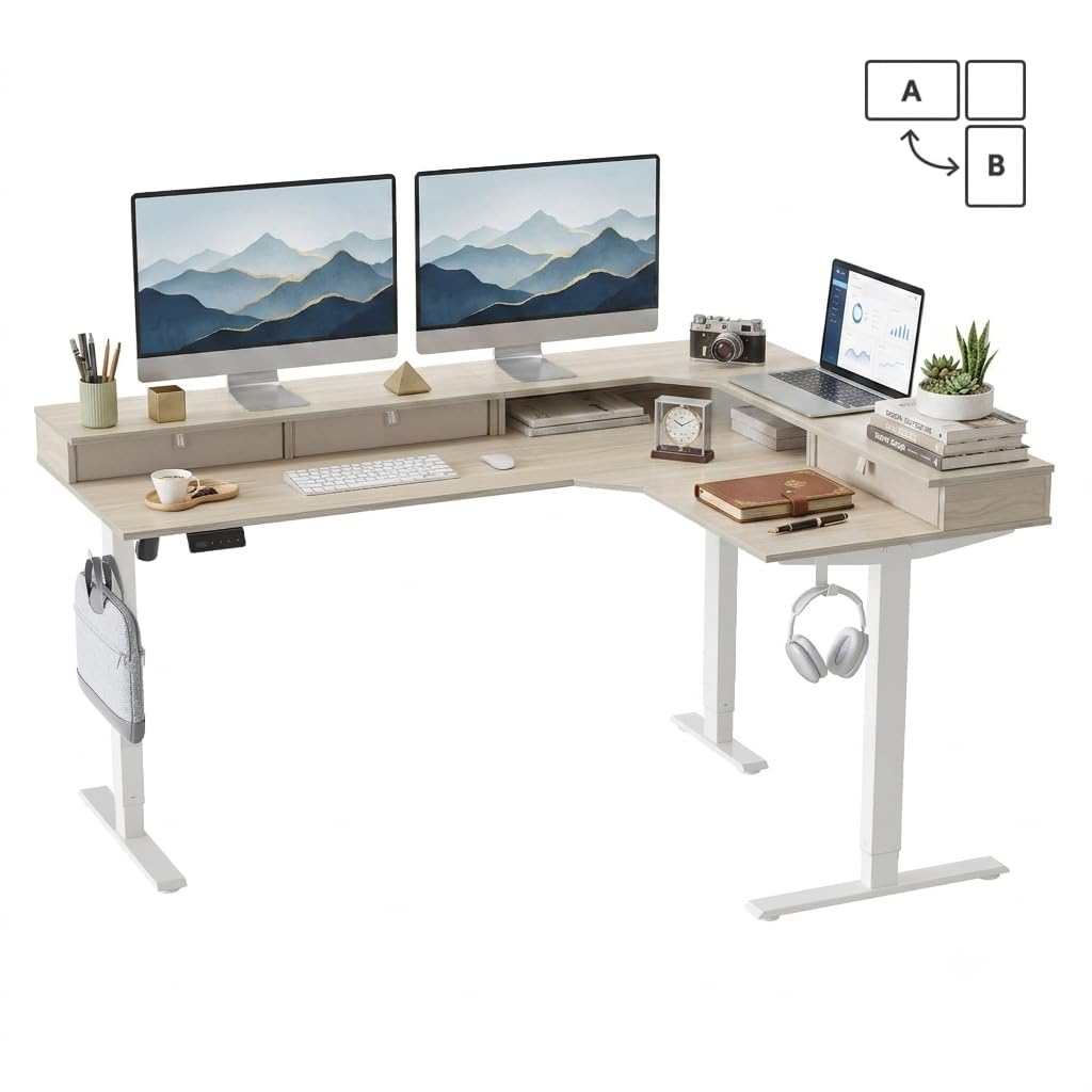 CubiCubi 63x48 Inches L Shaped Standing Desk with 3 Drawers and Monitor Shelf, Height Adjustable Corner Computer Desk with Hooks, Sit Stand Up Ergonomic Home Office Workstation Table, Light Walnut