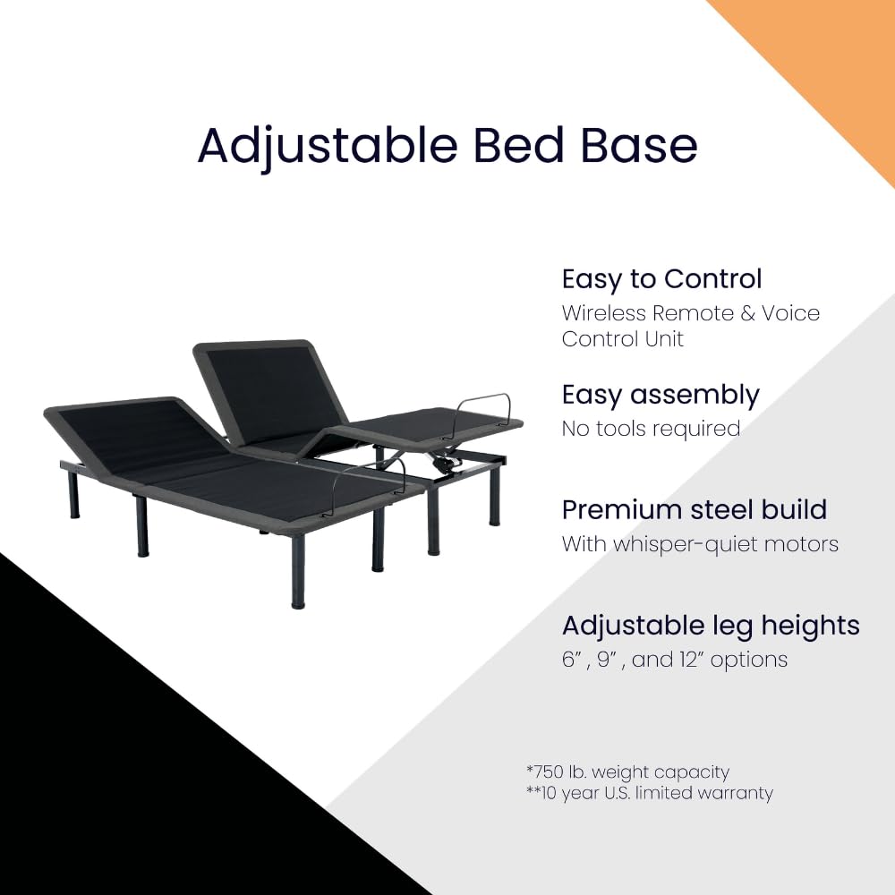 Bridgevine Home Split Flex Adjustable Bed Base Frame, Individual Head and Foot Incline on Either Side, Wireless Remote and Voice-Activated Controls, Split Top King Size