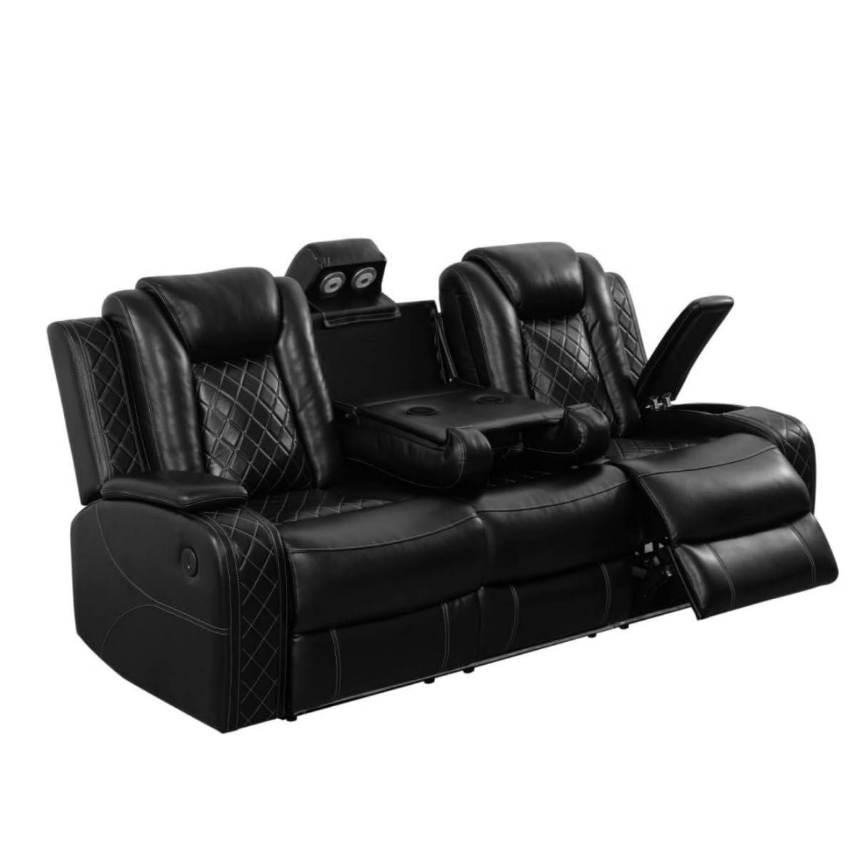 Electric Power Recliner Sofa Living Room Furniture, Comfy Home Theater Breathing Leather Seating with USB 2.0 Charging Ports, LED Light Strips, Fold-Down Table & Wireless charging device (Black)