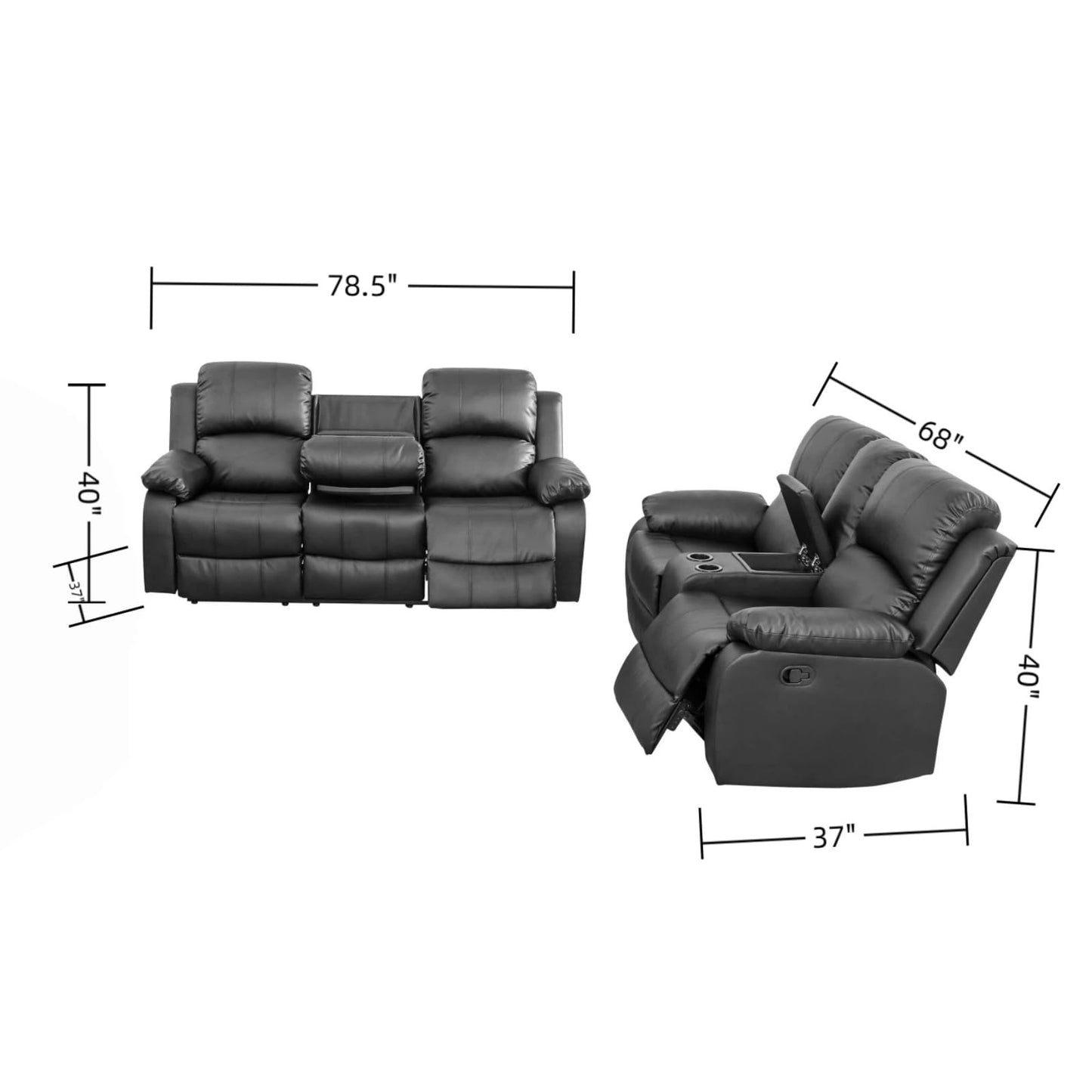Trygoal Manual Recliner Sofa Set, Leather Reclining Living Room Furniture Set, Adjustable Backrest Reclining Loveseat Sofa and a 3 Seater Couch Furniture Set for Living Room, Home Theater, Black