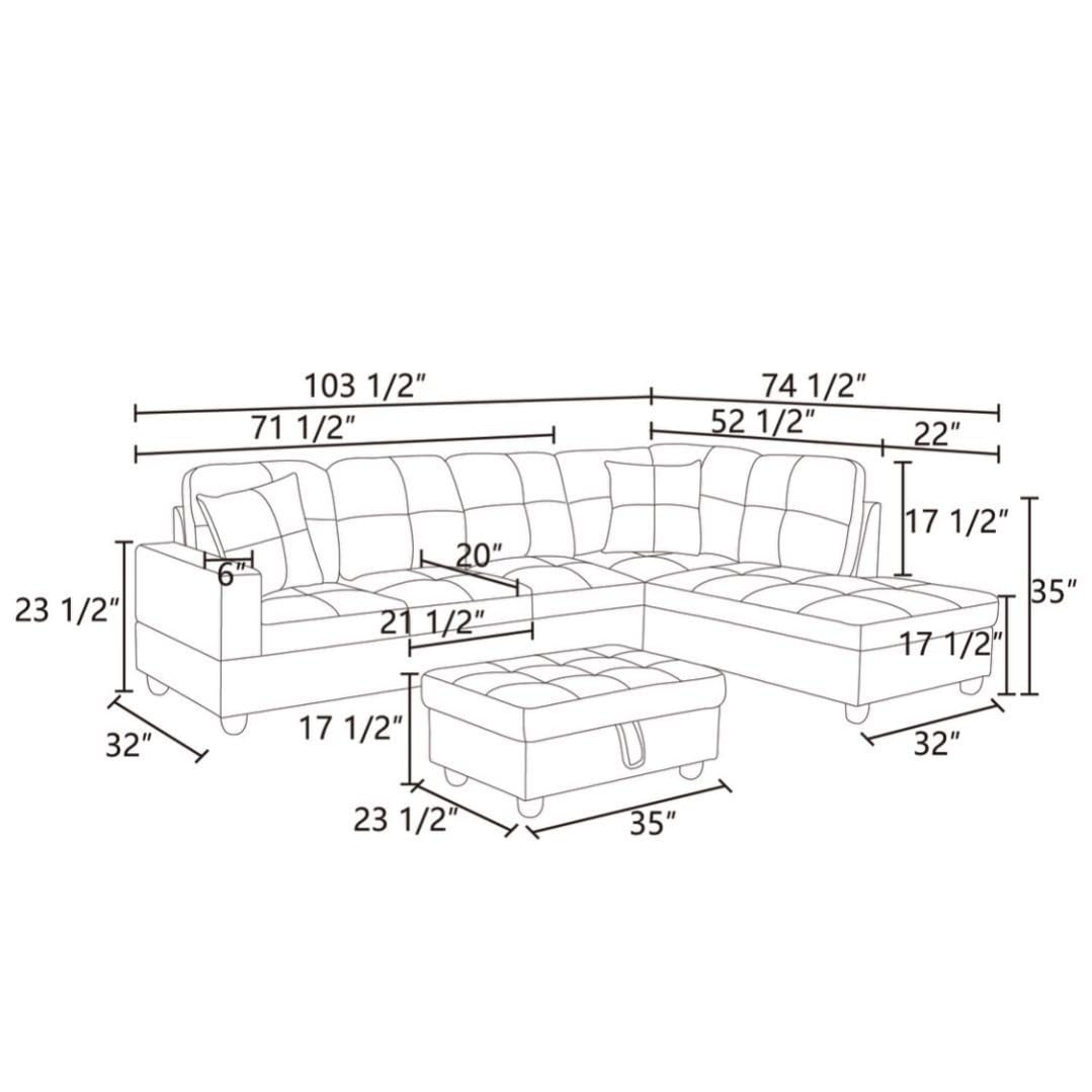 UOCFYK L-Shaped 3-Piece Flannel Sofa with Storage Ottoman Set, Sectional Couch Sofa Set for Living Room, Office, Small Space, Light Grey