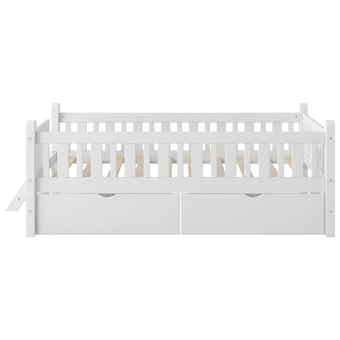 Merax Wood Twin Size Platform Bed with Guardrail and 2 Drawers, Kids Bed Frame with Stairs, White