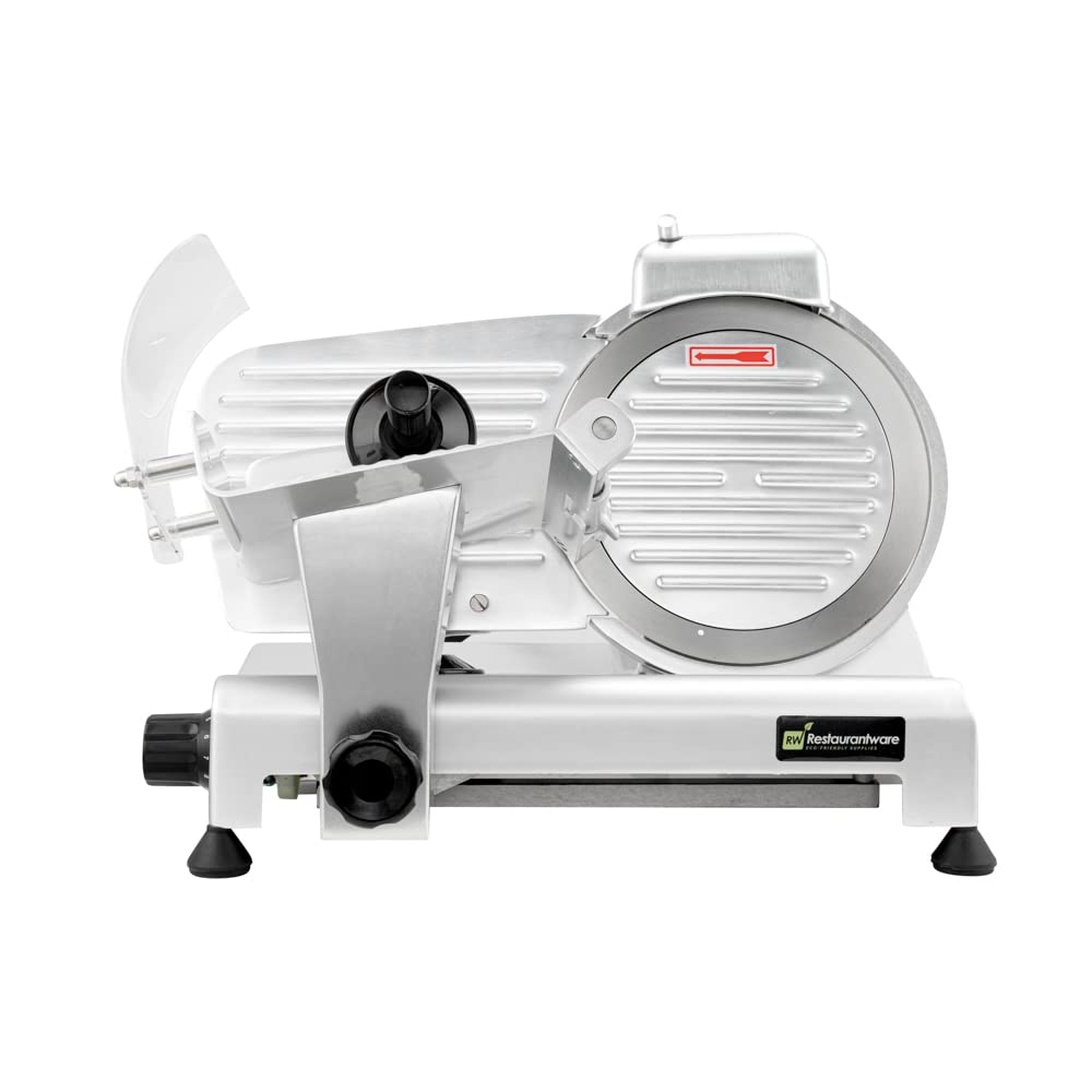 Restaurantware Bio Tek Meat Slicer 1 Adjustable Slice Size Manual Slicer - 200W Operation 0.25 Horsepower Stainless Steel Deli Slicer Built-In Sharpener Fixed Ring Guard