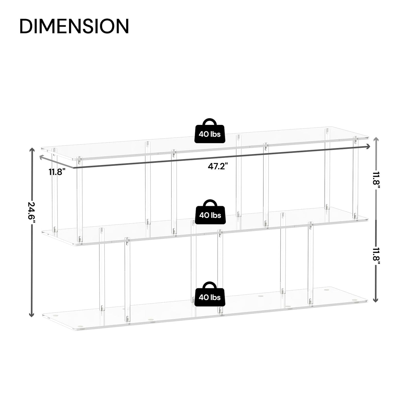 CRTERICX 3-Tier Acrylic Horizontal Bookshelf, Clear Long Bookcase, Modern Low Book Shelf with 5 Cube Storage for Living Room, Office, Bedroom, 11.8''D x 47.2''W x 24.6''H