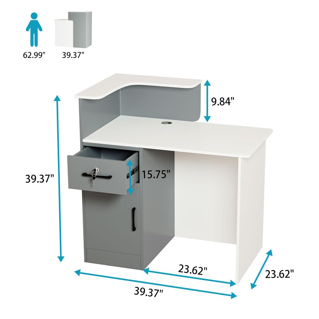 HPLWYM L Shaped Reception Desk with Lockable Drawer, Small Front Desk, Office Reception Room Table, Checkout Retail Counter for Office Lobby Cafe Salon (White+Grey, 39.4"(L) x23.6(W) x39.4(H))