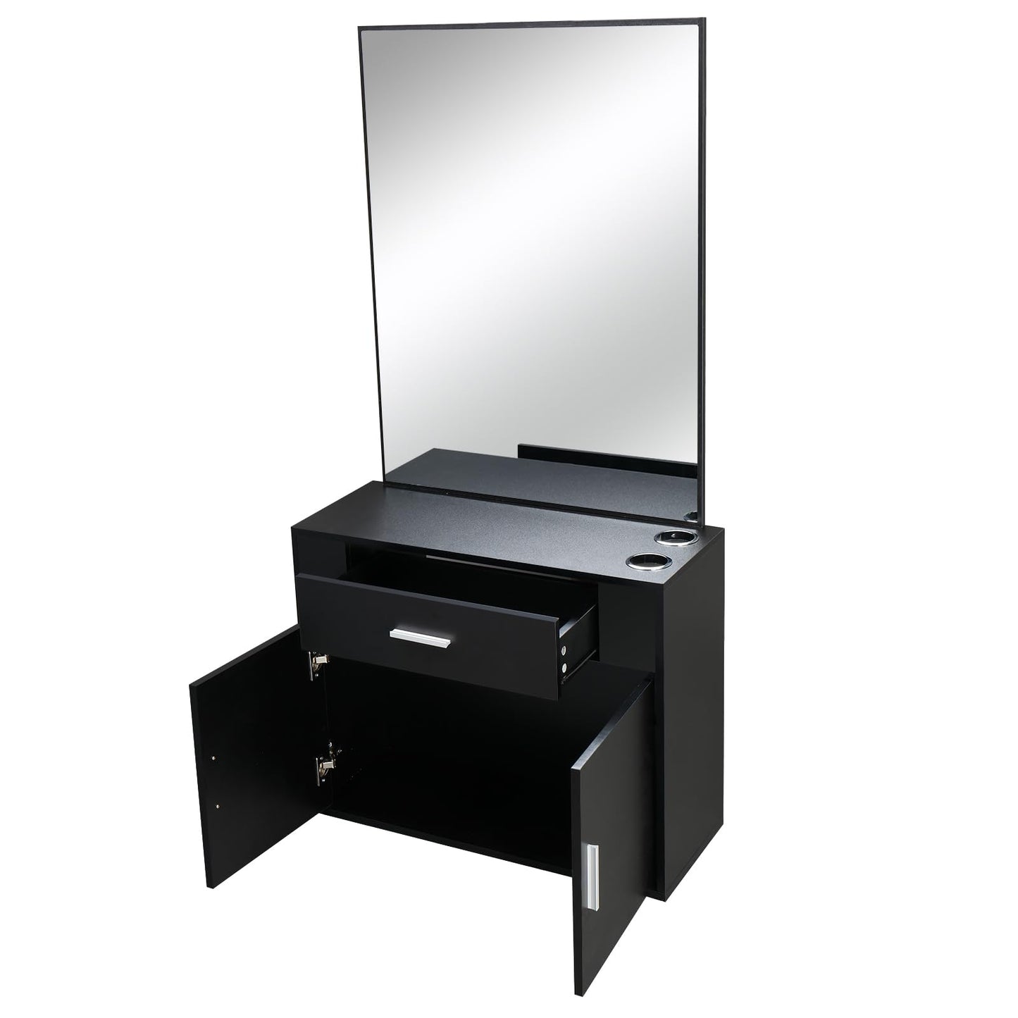 59.4" Black Salon Cabinet Station with Mirror, Beauty Salon Barber Spa Equipment with Mirror, Barber Salon Stations with Mirror, Beauty Salon Barber Spa Equipment with Mirror, Shelves, Cabinet