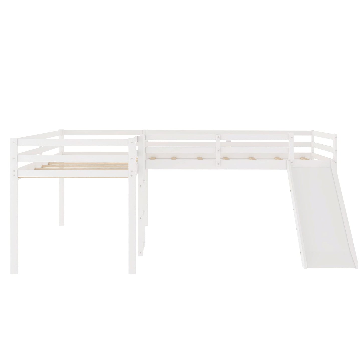 Merax L-Shaped Twin Size Loft Bed with Ladder and Slide, Wooden Double Loft Bed Frame with Full-Length Guardrail, No Box Spring Required