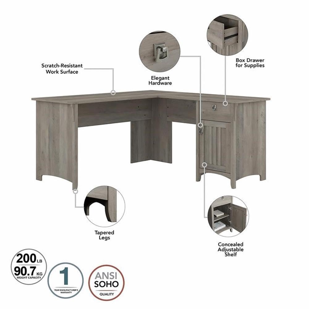 Bush Home Salinas L Shaped Desk with Hutch in Driftwood Gray | Corner Table with Drawers and Storage for Home Office