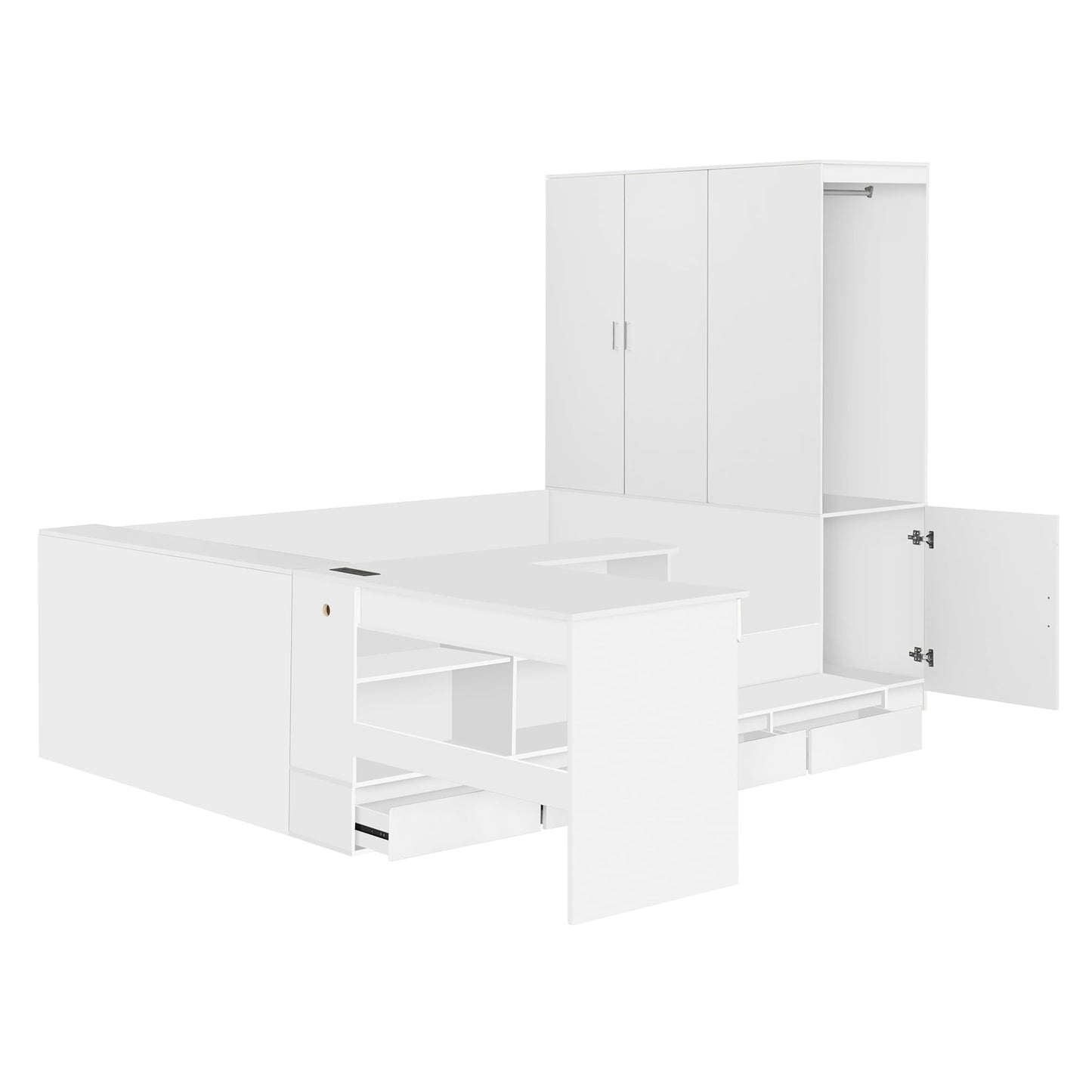 Merax Full Size Platform Bed with 6 Storage Drawers, Wooden Daybed with Desk, Sheves and Wardrobe