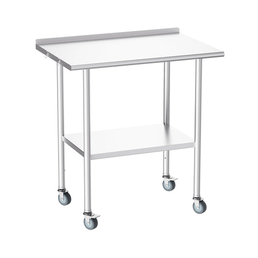 Atelicf All-Stainless Steel Prep Table, 30 x 36 Inch, with Rounded-Corner Backsplash, Casters and Adjustable Undershelf, Heavy-Duty Build for Outdoor Use, Restaurants, Kitchens, Gardens, and Garages