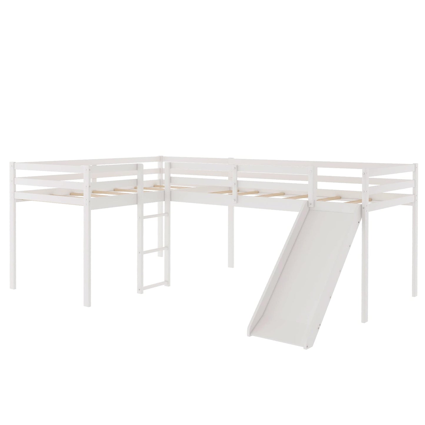Merax L-Shaped Twin Size Loft Bed with Ladder and Slide, Wooden Double Loft Bed Frame with Full-Length Guardrail, No Box Spring Required