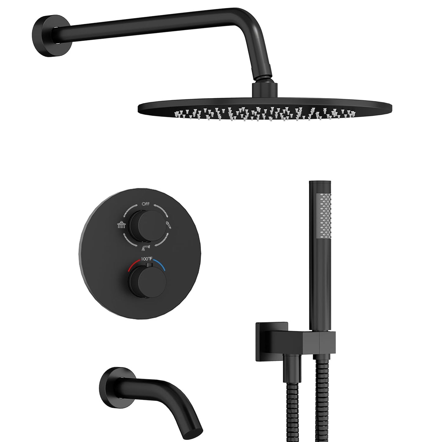 Gabrylly Thermostatic Shower System with Tub Spout, All Metal Bathtub Shower Faucets Set with Anti Scald Shower Valve, High Pressure 10" Rain Shower head with Handheld Spray Combo, Matte Black