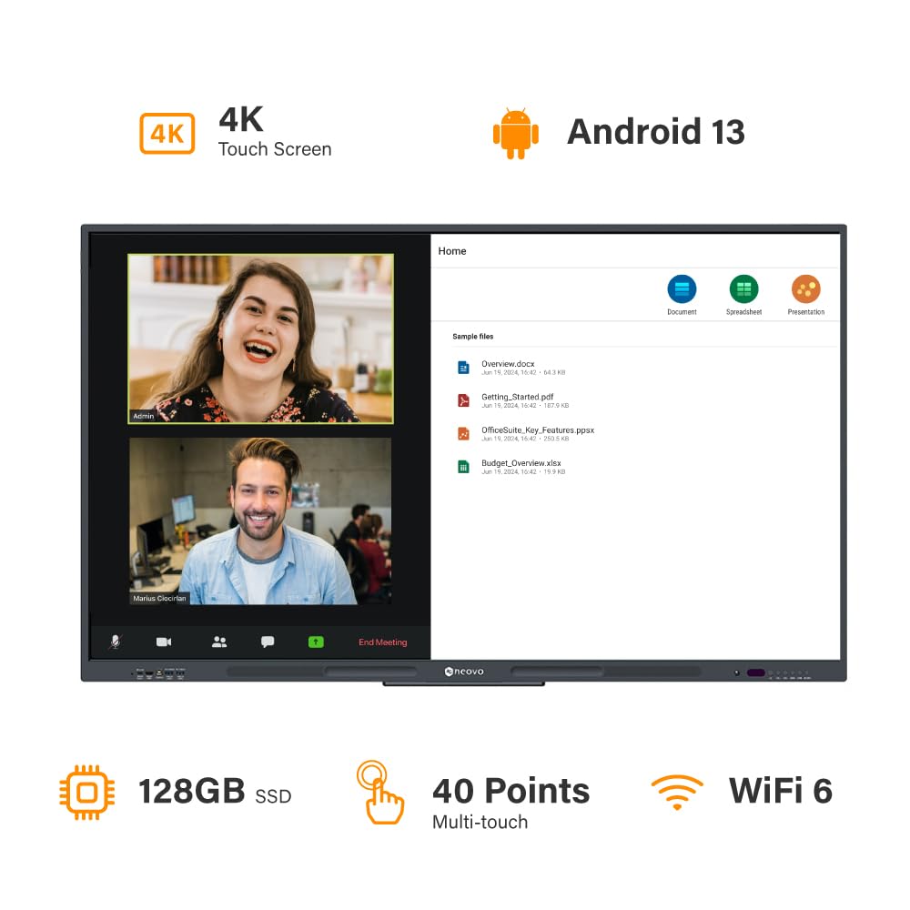 AG Neovo 65 Inch 4K Smart Board - Google EDLA-Certified Interactive Whiteboard, Android 13, 40-Point Touch, Wireless Casting - Digital Whiteboard for Classrooms & Hybrid Offices (Board Only)