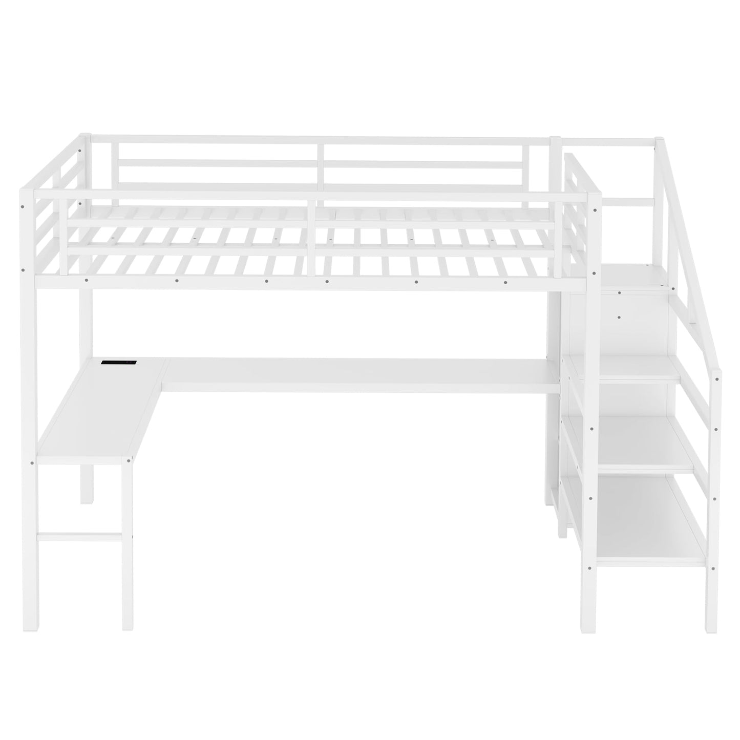 Bellemave Full Size Metal Loft Bed with L Shaped Desk and Wardrobe, Heavy Duty Loft Bed Frame with Storage Stairs, LED Loft Bed Frame with Charging Station & Safety Guardrails, White