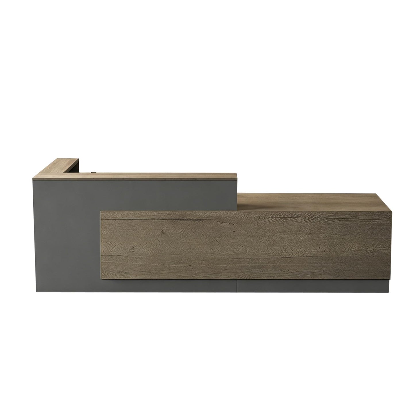 Nuipesn 79" Modern L-Shaped Reception Desk, Front Desk Counter with Drawer, Keyboard Tray and Storage Shelves, Right Layout, Tobacco Wood and Iron Gray