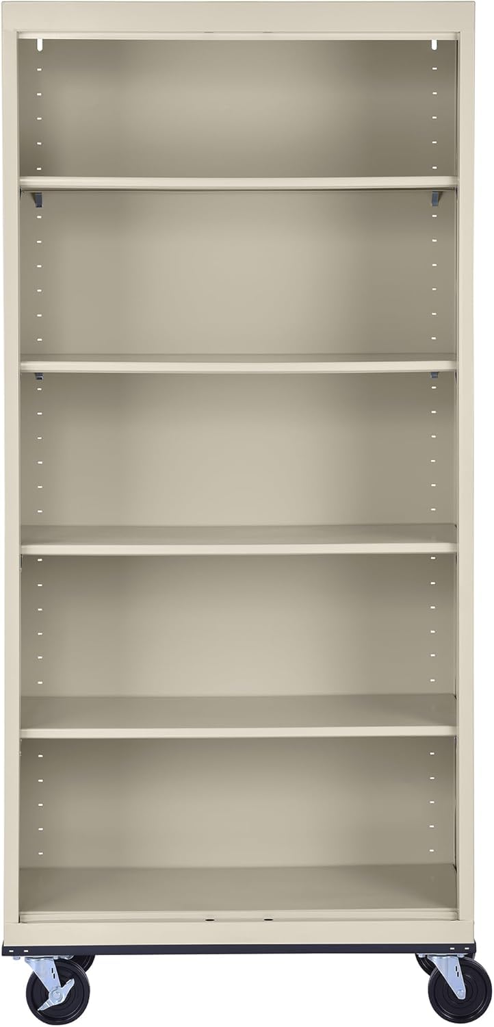 Sandusky Lee BM40361872-07 Mobile Bookcase with 4 Adjustable Shelves, Steel Rolling Bookshelf Storage Cabinet, 78"H, Putty