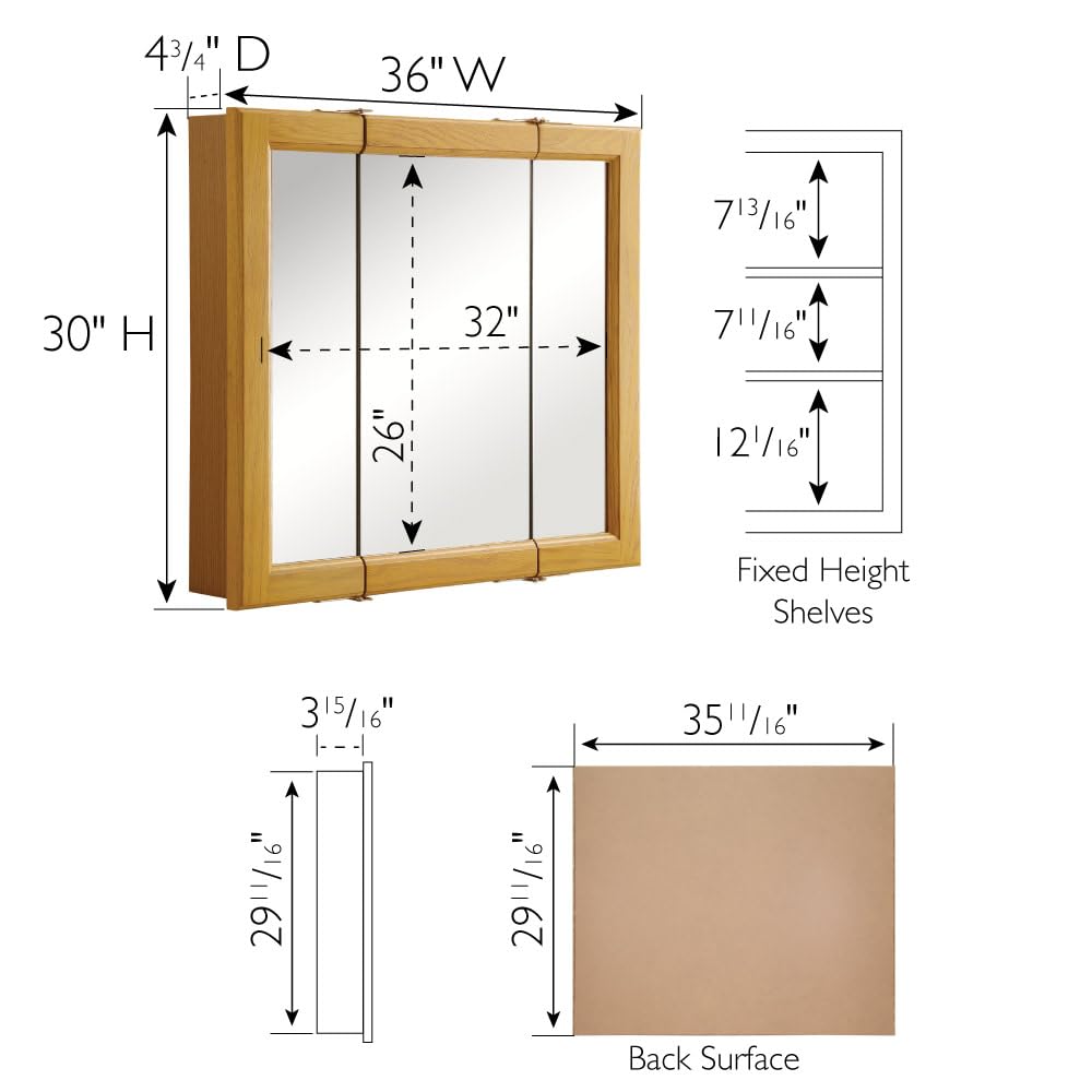 Design House Richland Medicine Cabinet, Fully Assembled, Wall Mounted, 3 Mirrored Doors, Wood Frame, Oak Finish, 36 in x 4.75 in x 30 in, 530576-NOK