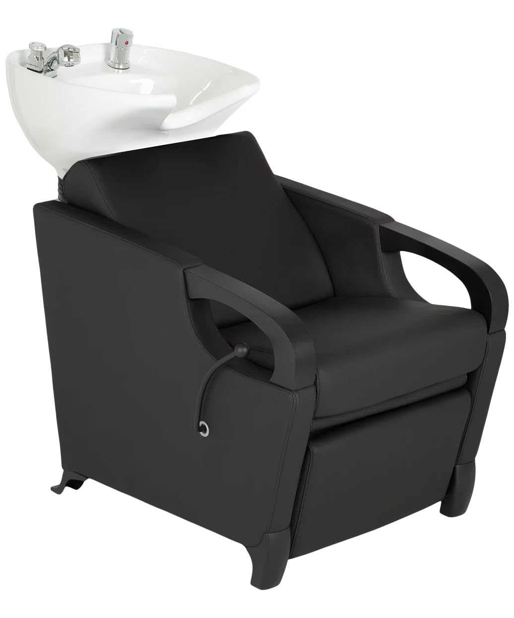 Buy-Rite Luna Noir Shampoo Backwash Unit for Professional Salons - Extra Wide Seat, Black Metal Armrests & Feet, Lever-Activated Leg Rest, Tilting White Porcelain Bowl, YLG-583-1-BLACK