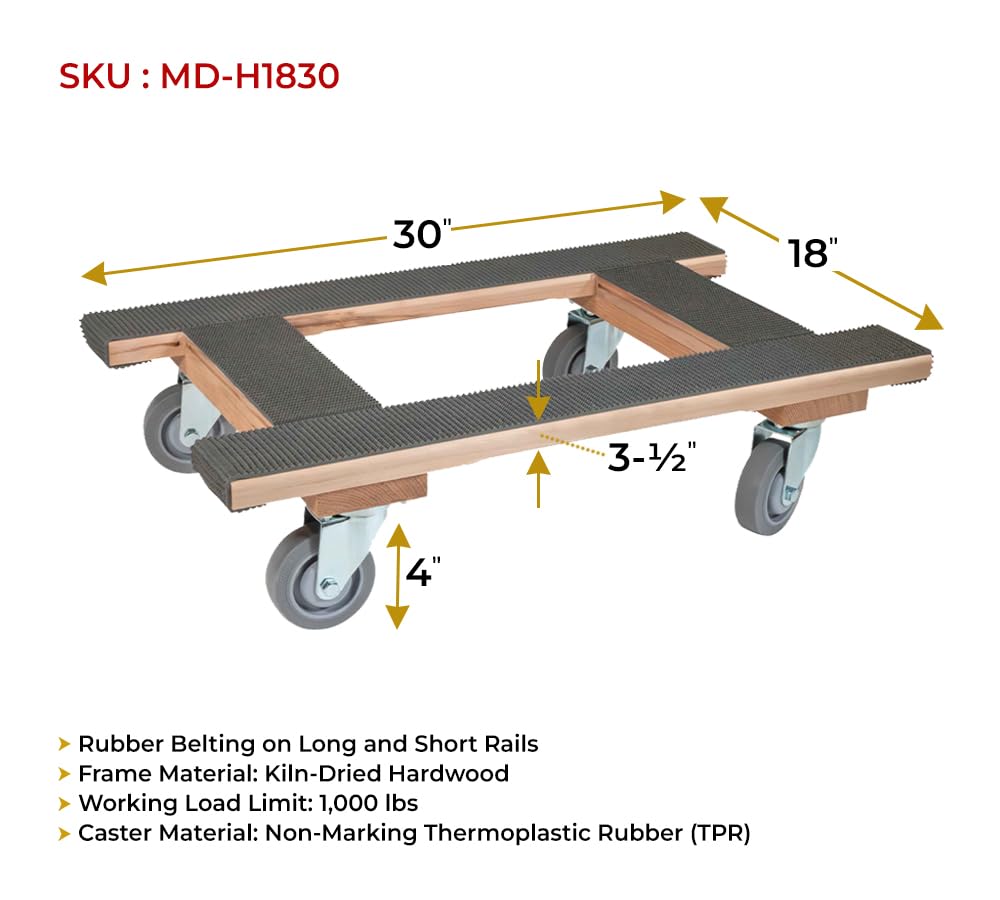 Mytee Products 2 Pack 18"x30" H Frame Movers Dolly w/Rubber Tread & 4" Non Marking Wheels - 1000 lbs WLL H Shape 4 Wheel Moving Dolly Cart for Packing & Moving Supplies - Furniture Piano Dolly