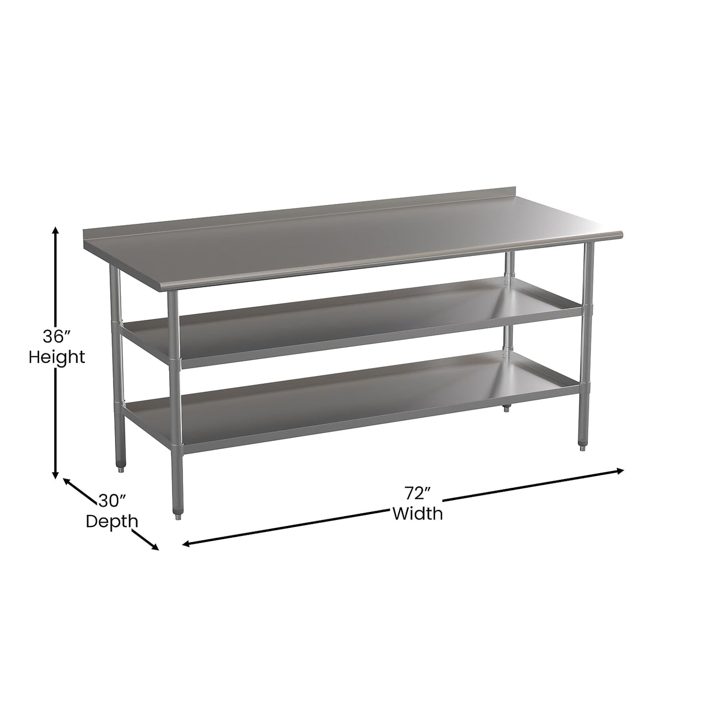 Flash Furniture Ravenel Stainless Steel 18 Gauge Work Table with 1.5" Backsplash and 2 Undershelves - 72"W x 30"D x 34.5"H, NSF