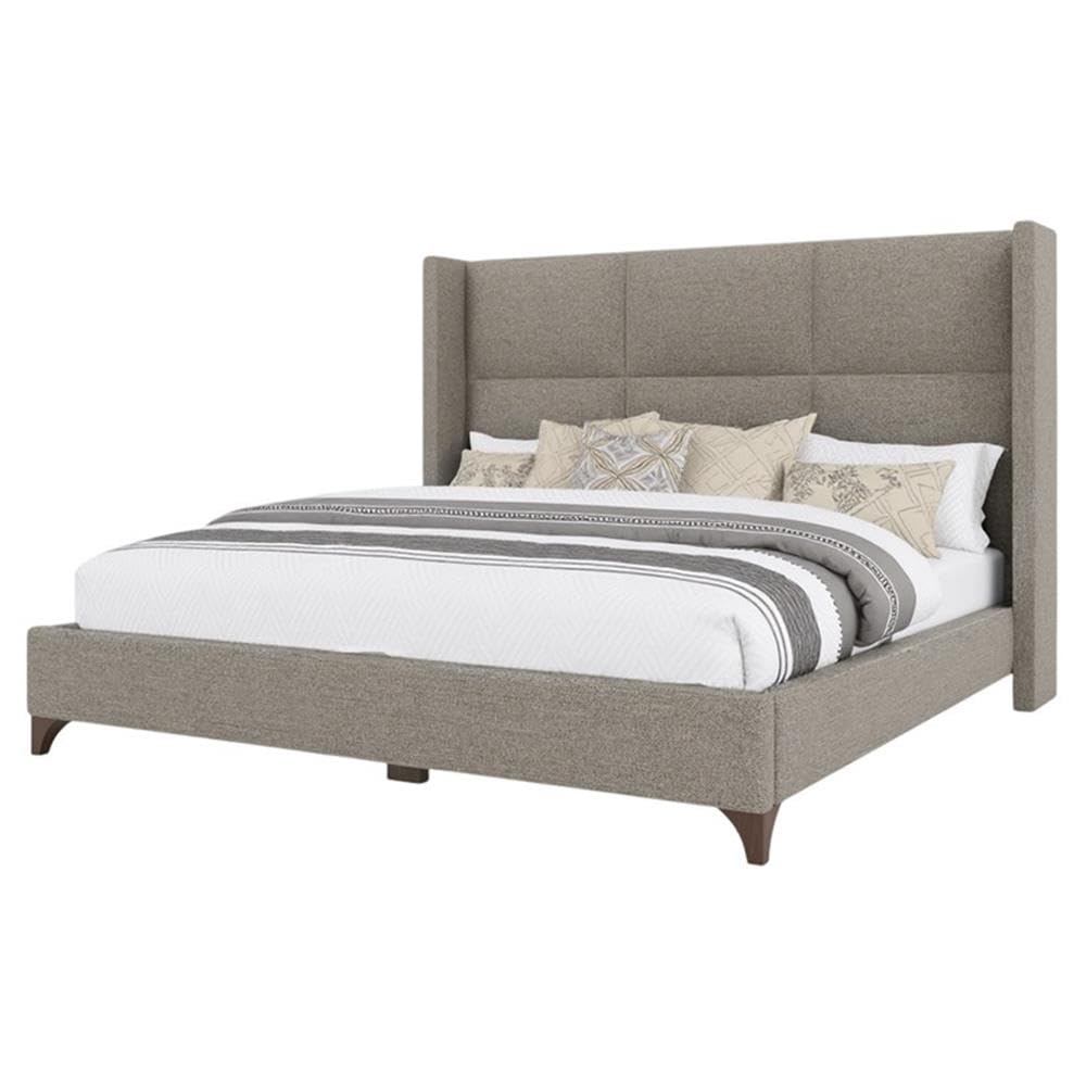BOWERY HILL Modern Upholstered Queen Bed, Gray Performance Fabric, Square-Panel Headboard, Solid Wood Frame, Adjustable Base Compatible, Stain-Resistant Fabric, Bedroom Furniture