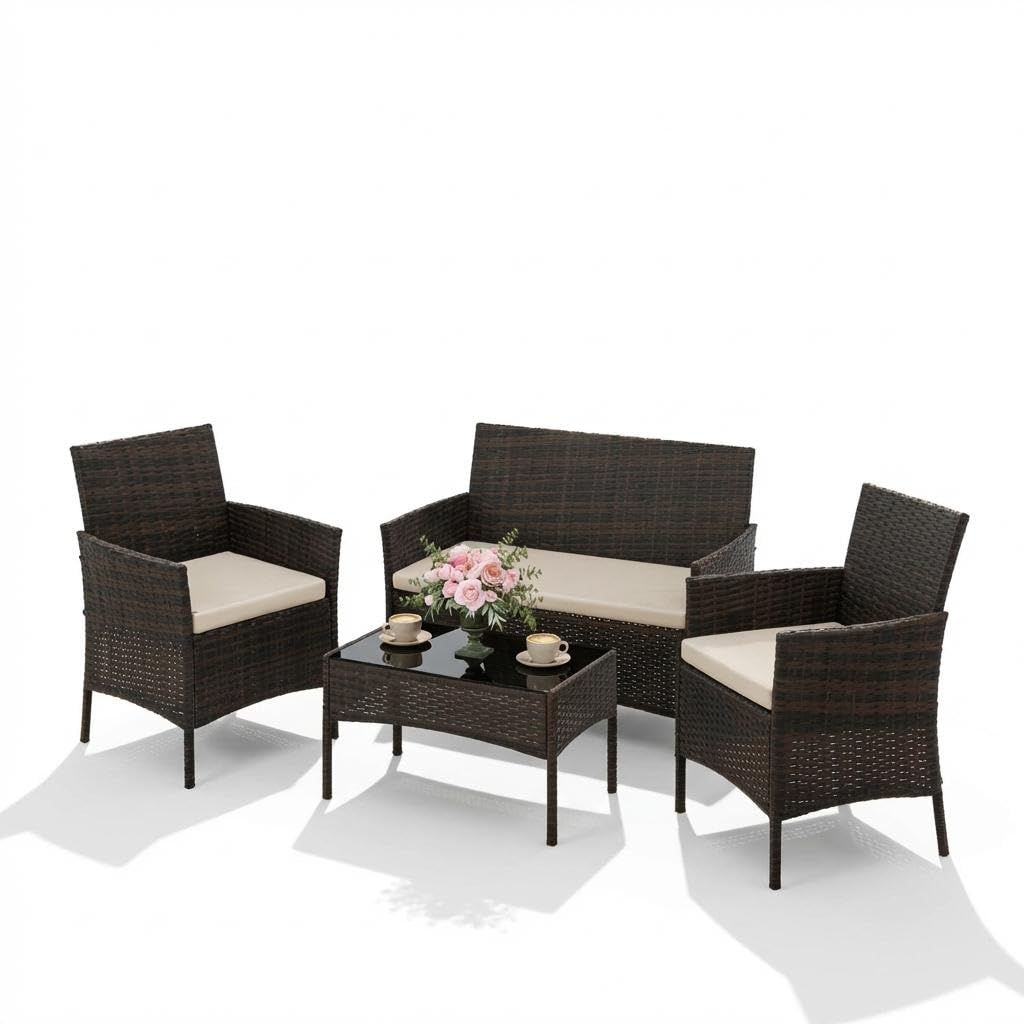 4PCS Outdoor Patio Bistro Set, PE Rattan Wicker Armchairs with Water-Resistant Cushions & Tempered Glass Coffee Table, All-Weather Conversation Set for Garden, Backyard, Porch, Poolside, Brown/Beige