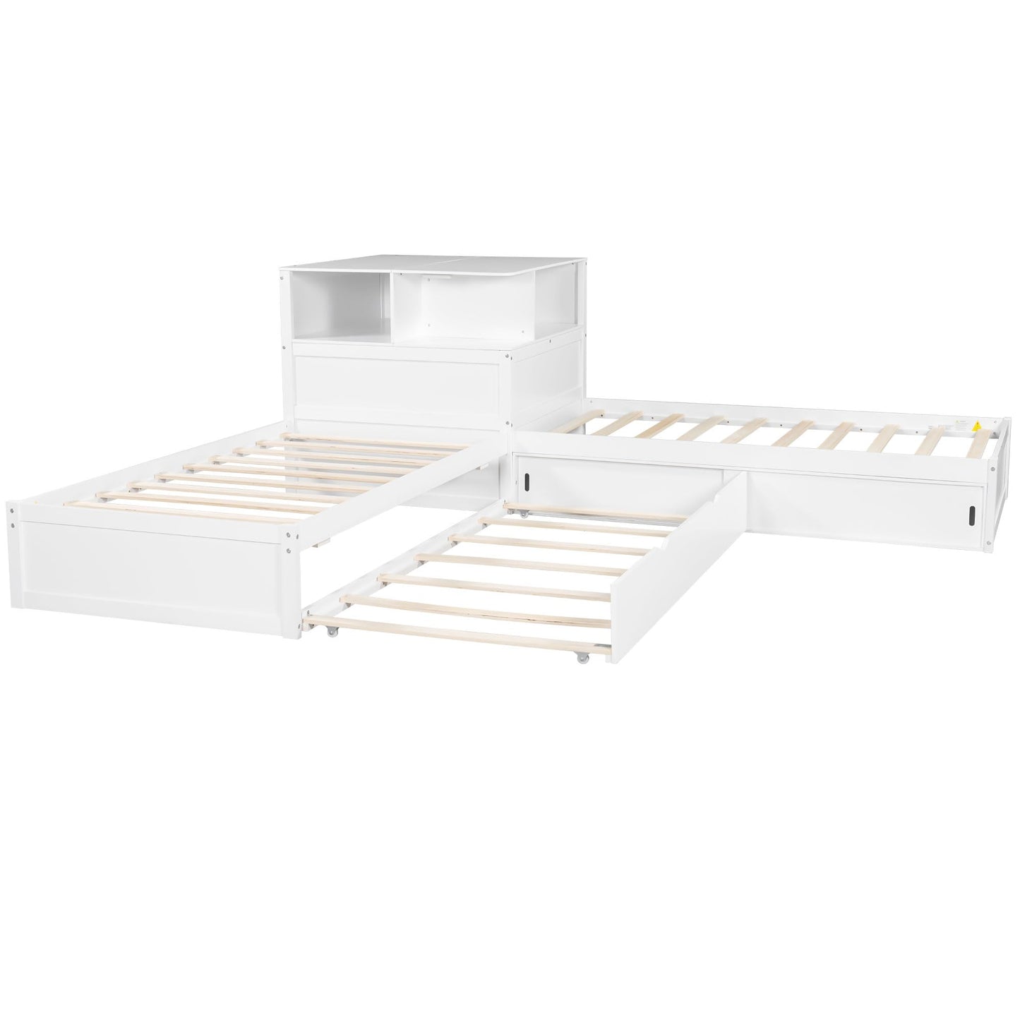 Merax Twin Size Platform Bed with Trundle and Storage Cabinets, L Shaped Corner Bed with Desk and Light, Wood Slats Support, 3 Beds in One Design, No Box Spring Needed