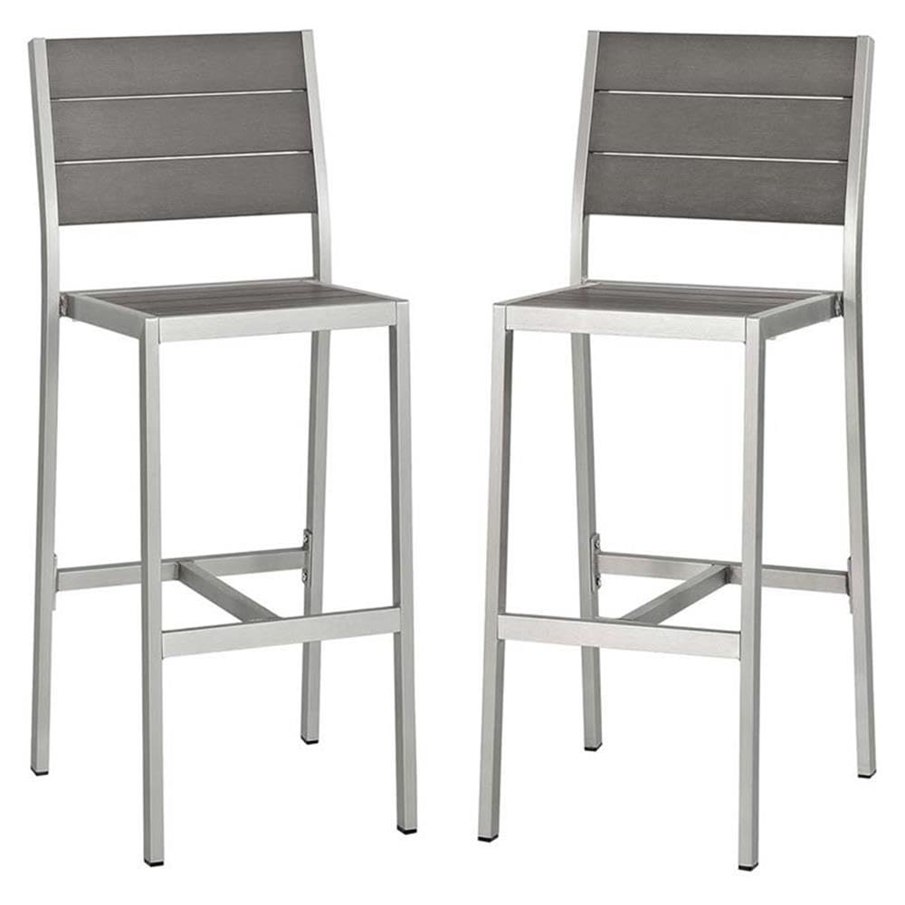 Modway Shore Outdoor Patio Aluminum Set of 2 Armless Bar Stool in Silver Gray