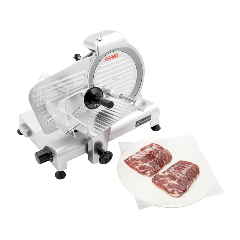 Restaurantware Bio Tek Meat Slicer 1 Adjustable Slice Size Manual Slicer - 200W Operation 0.25 Horsepower Stainless Steel Deli Slicer Built-In Sharpener Fixed Ring Guard
