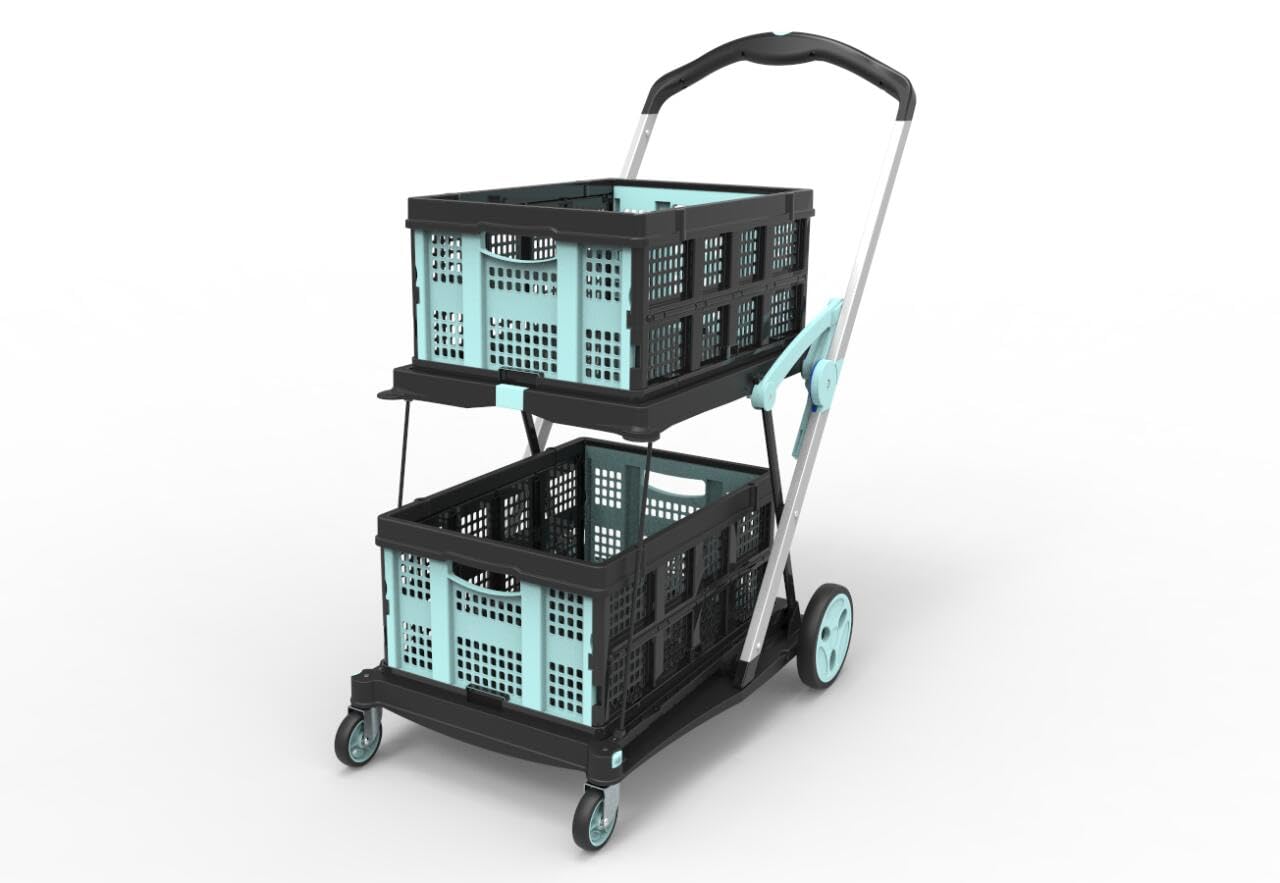 Foldable Shopping Cart, 200 lbs Capacity Grocery Cart on Wheels with Two Collapsible Crate Heavy Duty Collapsible Carts with Foot Brake for Groceries, Office, Warehouse and Supermarket