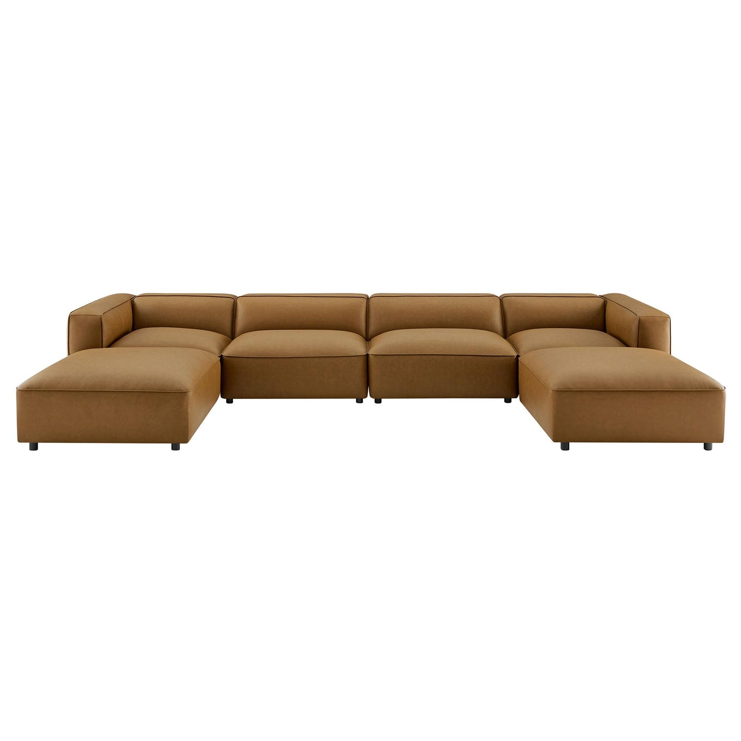 Modway Auren Vegan Leather 6 Piece Modular Sofa in Camel - Faux Leather 4 Seater Sectional - Comfy Modern L Shaped Sofa - Oversized Mid Century Modern Couch for Living Room